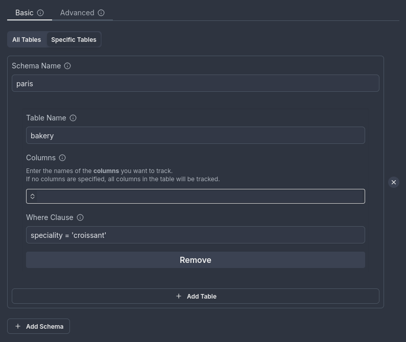 Filtering rows example: speciality = croissant Where condition example